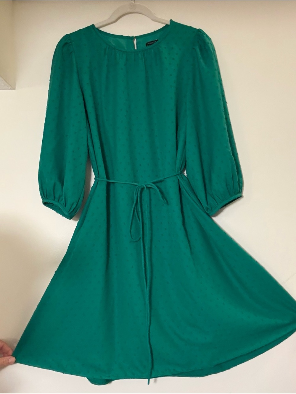 Ann Taylor Factory Teal Long-Sleeve Tie-Waist Midi Dress with Swiss Dots - Picture 2 of 7